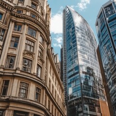 A modern skyscraper rises above a classic building in a cityscape.