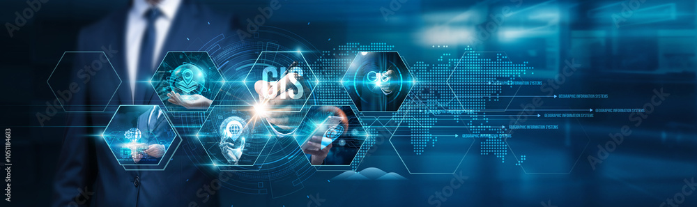 Poster businessman touches geographic information systems, gis mapping, spatial analysis, geographic data v