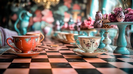 Elegant tea party setup with colorful cups and checkerboard table