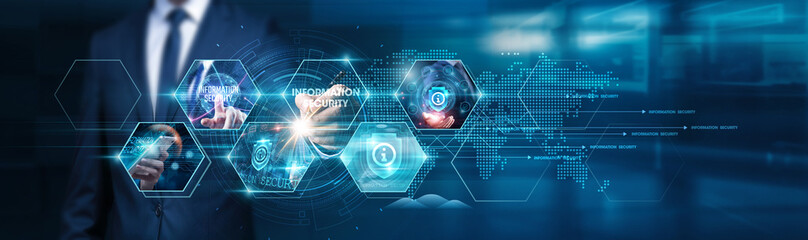 Businessman touch on various aspects of information security, including data protection, network...