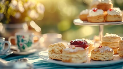 Obraz premium Afternoon Tea with Scones and Jam in Outdoor Setting