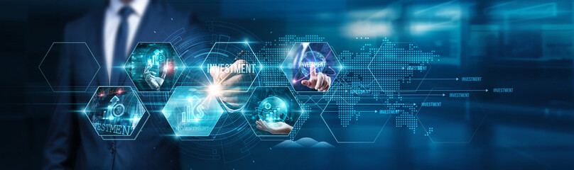 Businessman touch upon various investment opportunities, analyzing , diversifying his portfolio for...