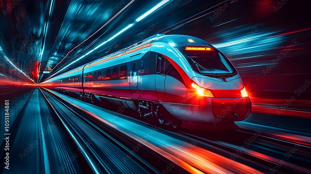 Poster sleek high speed train zooming at full velocity along elevated railway tracks with blurred motion ef