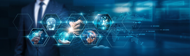 Data science. Businessman touch data-driven decision-making, insights from analysis, predictive analytics for better performance, developing strategies to optimize operations, ensuring data quality.