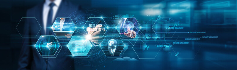 Database management. Businessman touch database management, efficiently, leveraging database...