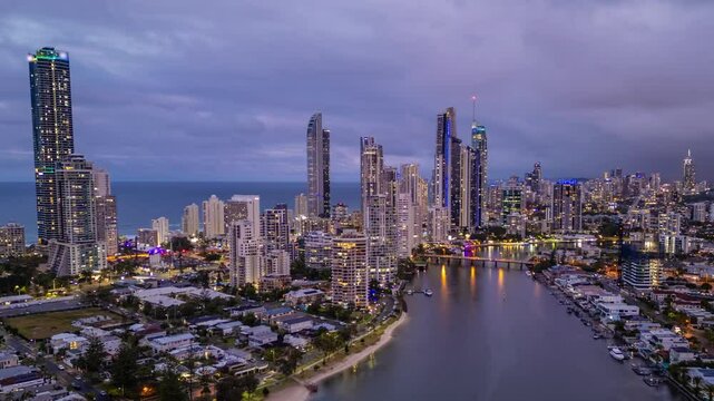 Aerial hyperlapse, dronelapse video of Gold Coast in Australia from sunset to night