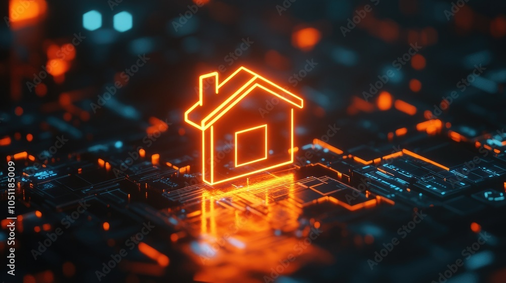 Poster a glowing neon orange smart home icon with sparkly effects on a dark background, representing high-t