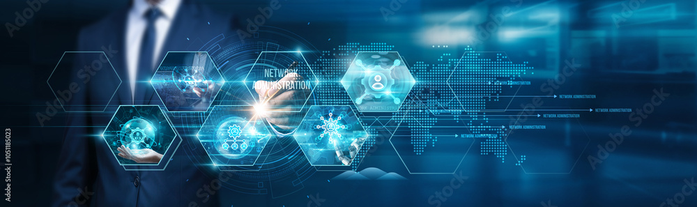 Poster network administration. businessman touch various aspects of network administration, such as configu