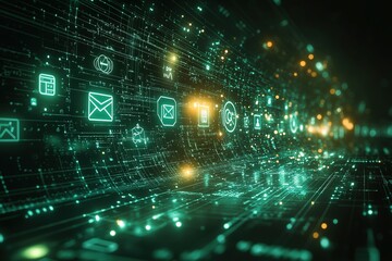 Futuristic digital tunnel with glowing icons and data streams.