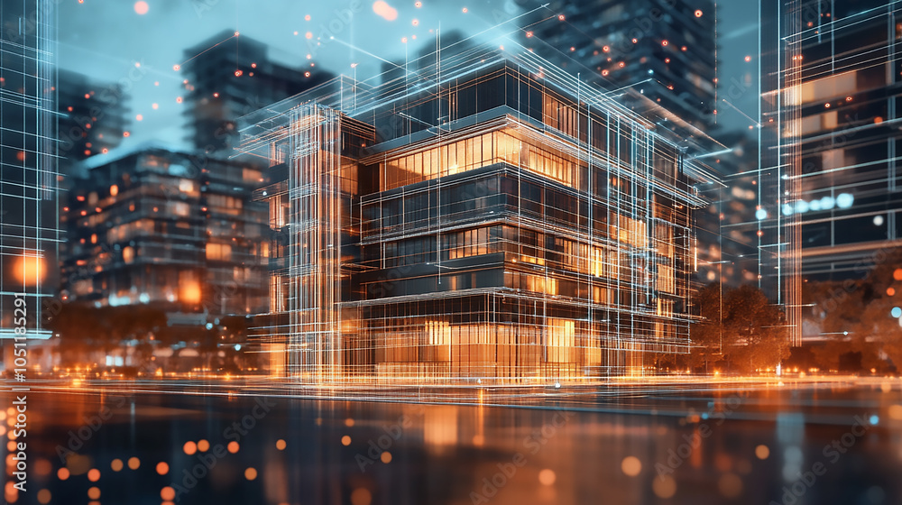 Poster digital architecture concept design integrating iot and sustainable technologies visualize a futuris