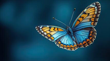 Naklejka premium Close-up photo of blue butterfly. Perfect for designs about nature, beauty, and freedom.