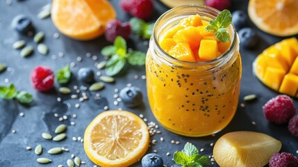 A jar of homemade mango marmalade presented as part of a healthy vegan dessert, surrounded by fresh fruits and seeds, minimalistic design.