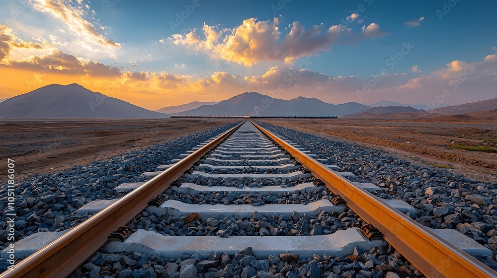 Poster expansive view of high speed rail tracks stretching across a vast open field with a train in the dis