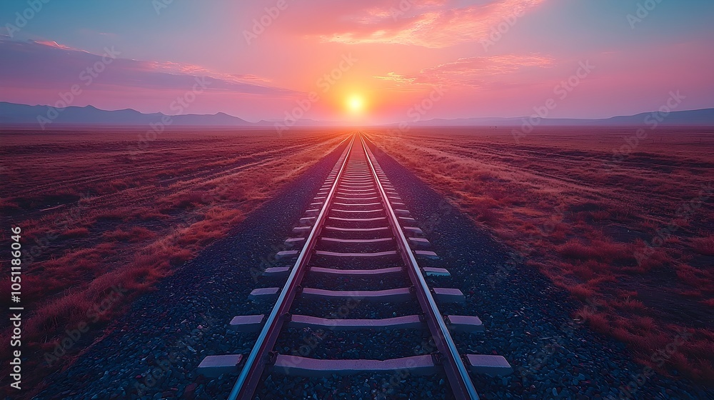 Poster aerial view of high speed rail tracks stretching across a vast open field with a train in the distan