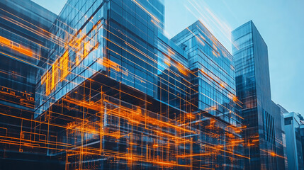 Fototapeta premium A vibrant sunset over a modern city skyline, showcasing glass buildings and urban life. smart home, internet of things 