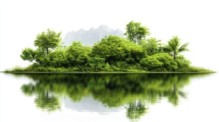 Purple paradise, serene island landscape with lush trees and majestic mountains serene