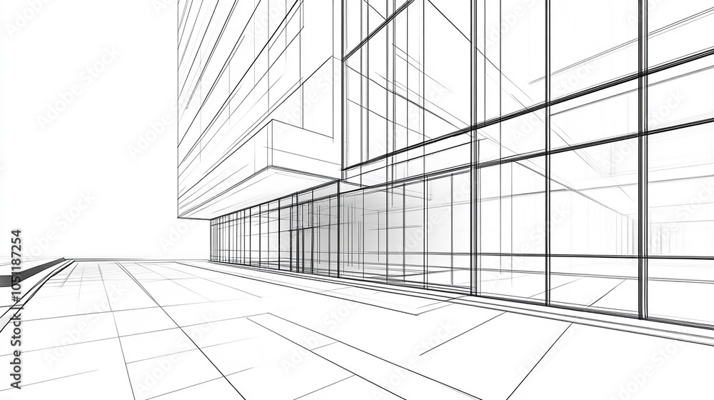 Poster modern architecture building construction perspective design, building sketch line drawing on white 