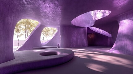 A modern purple concrete room with organic shapes, textured surfaces, and light effects forming shadows of trees