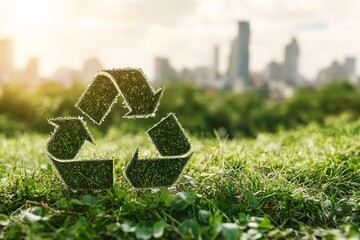 Green Recycle Symbol in Grass with City Background