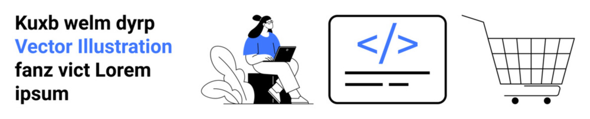 Woman sitting and working on laptop Coding icon next to her Shopping cart on the right Ideal, for technology e-commerce online shopping web development and remote work concepts Banner for landing page