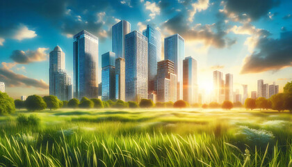 Obraz premium Urban Sunrise Towers Amidst the Misty Meadows, Generative Ai
