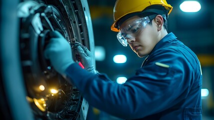 Side view of an engineer performing maintenance on a propeller airplane s hub at night with their face partially lit by tarmac lights