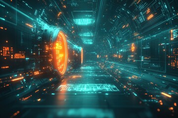 Fototapeta premium Futuristic tunnel with glowing orange and cyan lights.