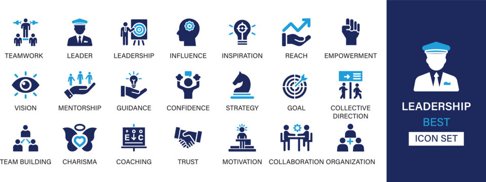 Leadership best solid icon set collection. Teamwork, leader, inspiration, reach, empowerment, vision, mentorship, confidence, goal and vector illustration.