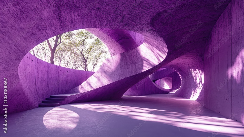Aufkleber a purple abstract space with rough concrete surfaces and curved structures, illuminated by soft ligh