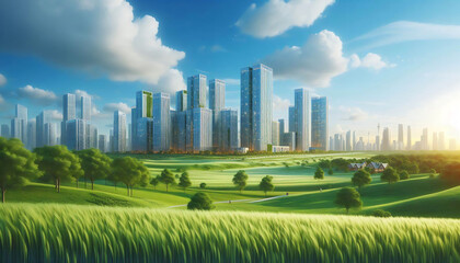 Obraz premium Green Oasis Meets Skyline Urban Serenity, Generative Ai