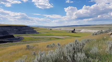 Obraz premium Open-pit Coal Mine with Mining Equipment and Rolling Hills under a Blue Sky