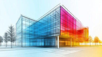 Obraz premium Wireframe of building. sketch design. Digital project visualization Modern Building Design. Modern architectural design of a two-story building with large glass windows 