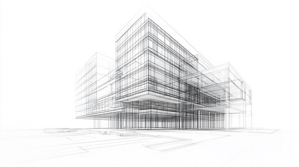 Modern Architecture building construction perspective design, building sketch line drawing on white background  Modern Architecture building construction perspective design, building sketch line

