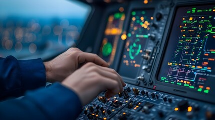 Close up of hands using a diagnostic device on an aircraft engine showing the fine details of the digital display and complex wiring system within the engine control panel