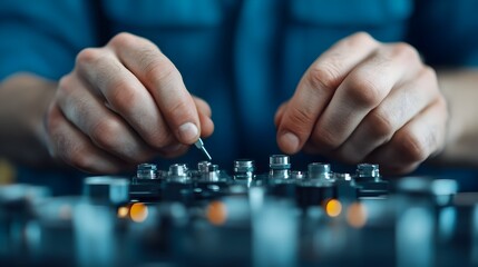 Detailed Close up View of Hands Carefully Adjusting and Repairing the Mechanical Components of a Throttle System Using Various Precision Tools on a Workbench