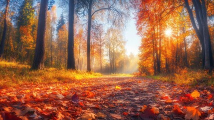 Obraz premium A path through an autumn forest with golden leaves on the ground and sunlight shining through the trees.