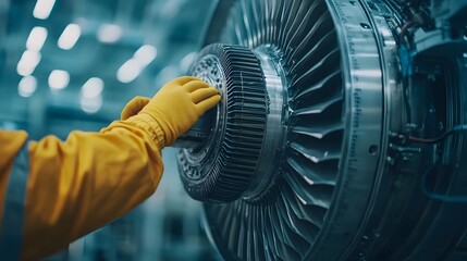Close up view of hands working on adjusting a fuel injector component on the interior of a jet engine