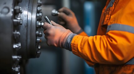 Close up image showcasing the skilled hands of a mechanic or engineer using a torque wrench to precisely tighten a bolt on the turbine of a jet engine