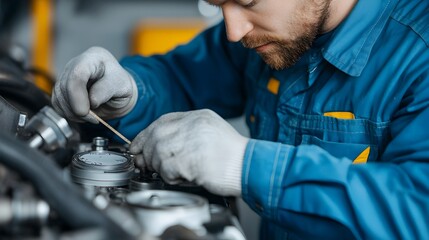 Close up view of an experienced engineer using a feeler gauge to precisely measure the gap distance on an engine component during maintenance or repair work in an industrial workshop or garage