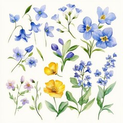 Fototapeta premium Delicate botanical illustrations a stunning collection of blue and yellow flowers in watercolor