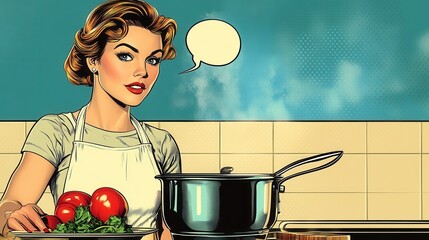 Retro Woman Cooking in Kitchen with Speech Bubble