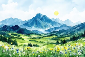 Fototapeta premium A watercolor painting of a mountain landscape. This scenic image is perfect for showcasing the beauty of nature and using in travel brochures.
