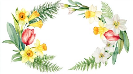 Naklejka premium Vibrant floral frame design featuring daffodils tulips and ferns for spring celebrations