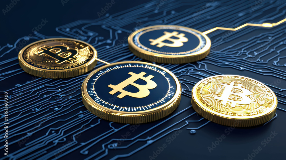 Poster digital currency coins are displayed on circuit board background, symbolizing integration of cryptoc