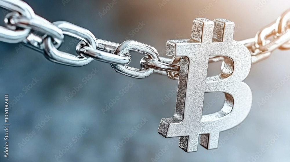 Poster image depicts metallic chain with bitcoin symbol, representing concept of blockchain technology and 