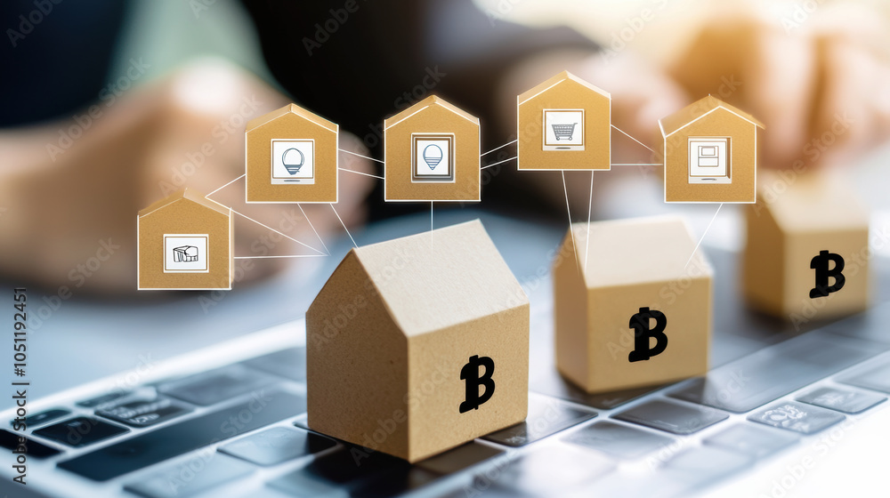 Poster digital blockchain technology is represented through small house icons connected by lines, symbolizi