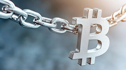 Naklejka premium image depicts metallic chain with Bitcoin symbol, representing concept of blockchain technology and cryptocurrency. This visual conveys sense of security and innovation in digital finance