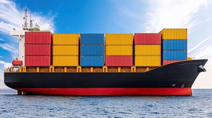 Naklejka premium Large cargo ship with colorful containers sailing on ocean under clear sky, representing global trade and logistics