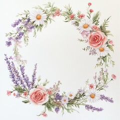 Elegant floral wreath design featuring a variety of colorful flowers and greenery for decorative use