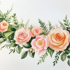 Elegant watercolor floral arrangement featuring soft pink roses and lush greenery for romantic decor and invitations